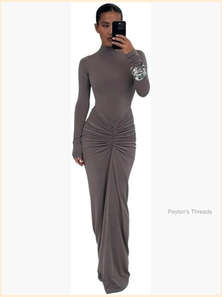 Long Sleeve Turtleneck Bodycon Maxi Dress Ruched Side Party Dress